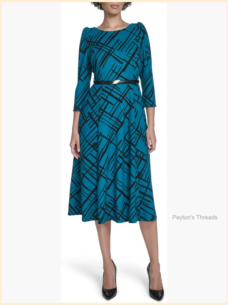 3/4 Sleeve Belted A-Line Midi Dress